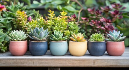 On a wooden background, colorful succulents are arranged in vases