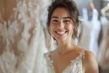woman trying on wedding dress. Happy bride excited smile for wedding, happiness and marriage