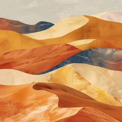 Abstract desert landscape with layered sand dunes in warm colors.
