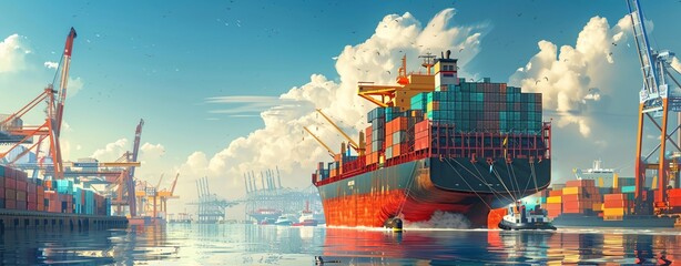 Cargo ship loading at port with workers and clear content areas