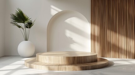 A minimalist interior setting featuring a circular wooden platform, a potted palm plant in a white vase, an arched wall niche, and vertical wooden slats on the wall. background for showcasing products