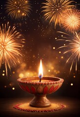 diwali fireworks with diwali diya and diya lamp on dark background