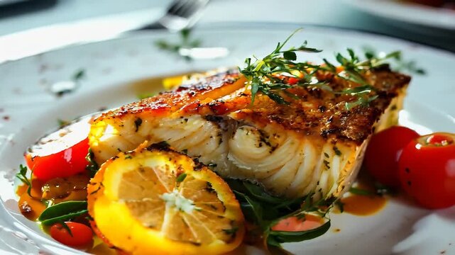 Grilled cod fish fillet with fresh herbs lemon on plate