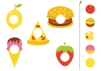 Cut and glue parts of cartoon burger, lemon, pizza slice, ice cream and strawberry.