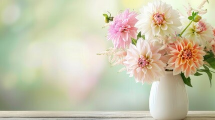 Beautiful Arrangement of Colorful Dahlias in a White Vase on a Sunny Day