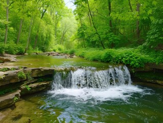 Obraz premium Small waterfall flowing into a peaceful forest stream