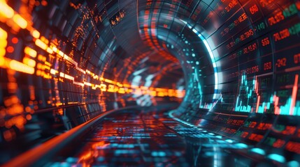 Obraz premium Hightech tunnel with financial symbols, stock market drop, market turbulence
