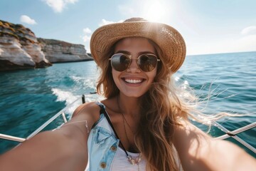 Young Woman Taking a Selfie on a Boat in a Sunny Coastal Landscape