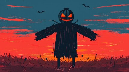 of a spooky scarecrow figure with a carved pumpkin head looming ominously in a dark autumn night field with clouds in the ominous sky giving an eerie and supernatural feel to the rural