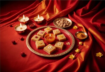 indian sweets on red cloth with diya candles and flowers