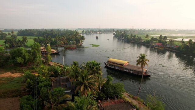 Aerial view of backwaters Kerala, with Houseboats, Alleppey India. Travel along the canals of Kerala, Vacation Concept