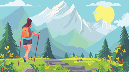 Tourist Girl Hiking in Mountain with Sticks and Backpack