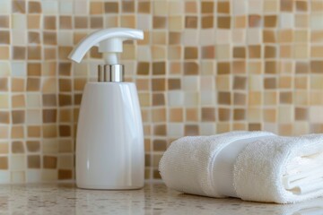 White dispenser bottle and folded towel are standing on bathroom countertop