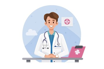 Young male doctor with a laptop in a modern healthcare setting emphasizing digital health telemedicine and professional medical services in a technologically advanced environment.