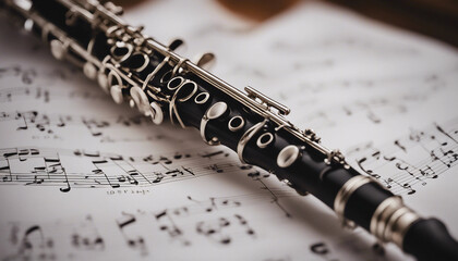 Clarinet placed on a sheet of music with soft, ambient lighting highlighting the instrument's details
