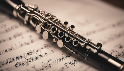 Clarinet placed on a sheet of music with soft, ambient lighting highlighting the instrument's details
