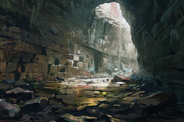 Mysterious Underground Cavern with Ancient Ruins and Glowing Plants