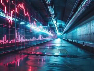 Modern tunnel with neon patterns, stock market decline, economic crisis