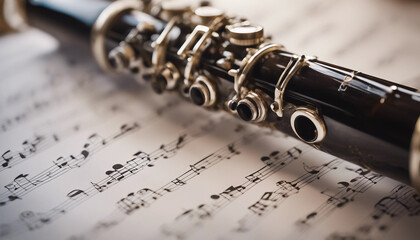 Fototapeta premium Clarinet placed on a sheet of music with soft, ambient lighting highlighting the instrument's details 