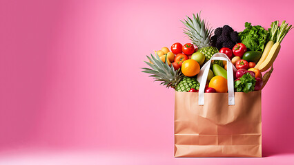 a large supermarket paper bag filled with groceries, full  with various grocery items such as fruits, vegetables, and packaged goods