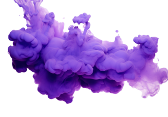 A vibrant swirl of purple ink dissipating in clear water isolated on transparent background, PNG file.