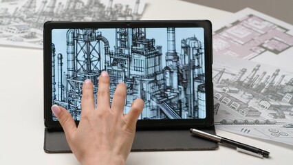 Woman industrial architect designer works on digital graphic tablet touch screen with factory illustration project. Creativity and modern technology.