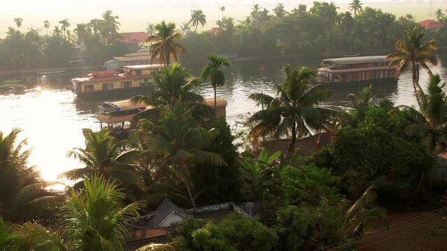 Aerial view of backwaters Kerala, with Houseboats, Alleppey India. Travel along the canals of Kerala, Vacation Concept