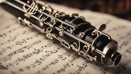 Obraz premium Clarinet placed on a sheet of music with soft, ambient lighting highlighting the instrument's details 