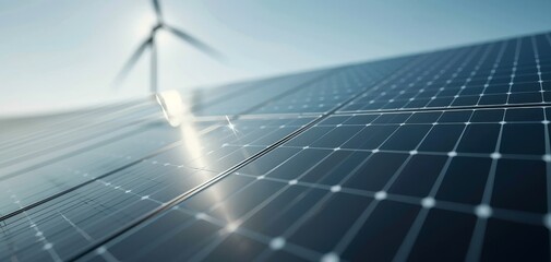 Close-up of solar panels with a wind turbine in the background, representing renewable energy and sustainable power generation.