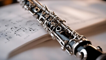 Fototapeta premium Clarinet placed on a sheet of music with soft, ambient lighting highlighting the instrument's details 