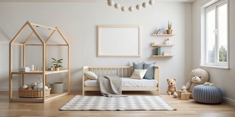 Minimalist Scandi-style child's bedroom with cream-colored walls, empty horizontal picture frame, toys, and a cozy bed, perfect for personalized posters or artwork.