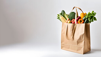 a large supermarket paper bag filled with groceries, full  with various grocery items such as fruits, vegetables, and packaged goods