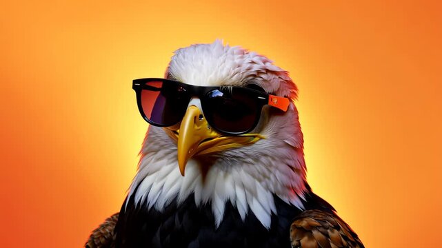 Confident bald eagle in stylish sunglasses on vibrant orange backdrop