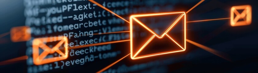 Illustration of digital communication with glowing email icons and binary code representing online interactions.