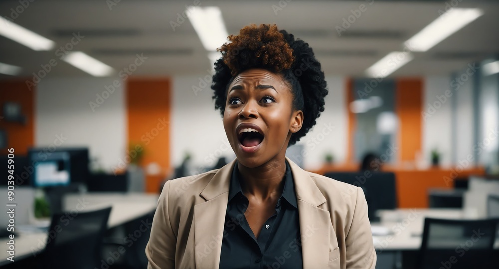 Poster african beautiful woman office background looking happy amazed surpised wow shocked expression with 