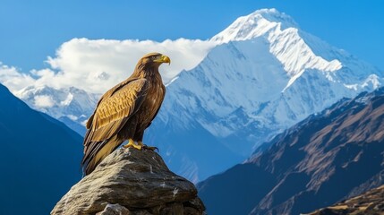 Nature and wildlife concept with bald eagle in snowy mountains