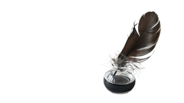 Feather quill pen and glass inkwell on transparent background 