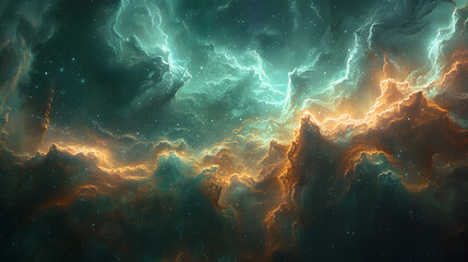 Fototapeta premium A swirling nebula featuring bright, glowing hues of green and blue, with wispy, smoky tendrils stretching across the canvas, evoking the boundless nature of the cosmos 