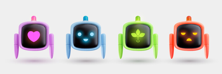 Set cartoon robots various color. Cute 3d character in realistic bright style. Collection futuristic technology illustration.