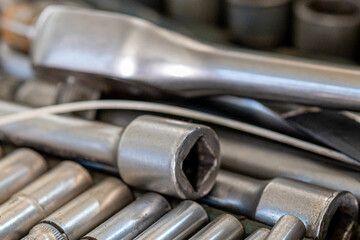 Closeup photo shoot of different nesessary tools and parts in every man's garage.Auto check up and...