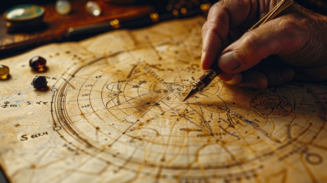 Vintage Astrological Chart and Celestial Map with Hand Drawing, Ideal for Spiritual and Horoscope Design, Historic Astronomy Theme.