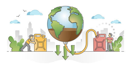 Naklejka premium Natural resources depletion and planet reserves exhaustion outline concept, transparent background. Ecosystem destruction with oil consumption industry illustration.