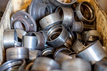 Closeup photo shoot of different nesessary tools and parts in every man's garage.Auto check up and car service shop concept.Different type of tools, especially wrenches.