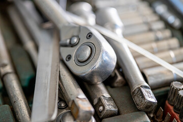 Closeup photo shoot of different nesessary tools and parts in every man's garage.Auto check up and...
