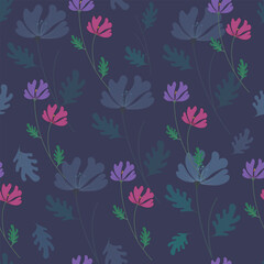 Dark tone seamless pattern with floral designs and hand drawn elements.