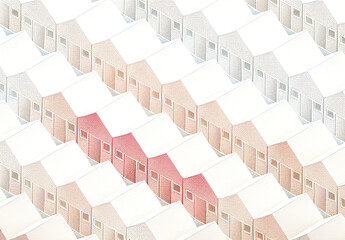 Rows of generic looking houses in an isometric view, soft pastel colours including red, apricot and blue,  executed in a pointillist artistic style