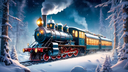 Fairy locomotive in holiday postcard style. Merry christmas and happy new year concept