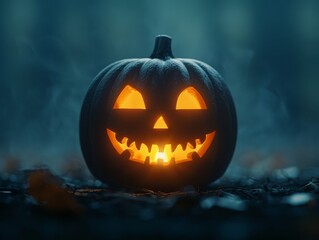 Close-up of a carved pumpkin with a spooky face, candlelight glowing inside