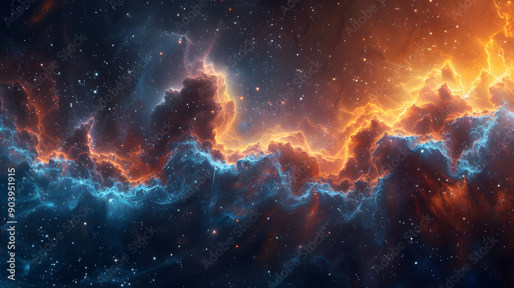 Wall mural a cosmic nebula featuring a palette of cool blues and warm oranges, with swirling patterns and smoky