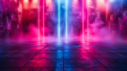 A vibrant neon-lit room with pink, blue, and purple lights reflecting on a tiled floor, set amid misty fog, creating a futuristic and atmospheric setting perfect for backgrounds, party themes